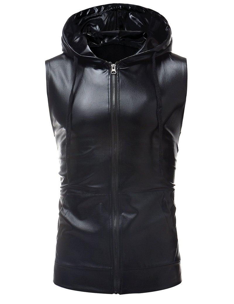 ZEROYAA Mens Hipster Metallic Zip Up Sleeveless Hooded Vest T Shirt with Kangaroo Pocket Z86 Black X-Large - Image 1